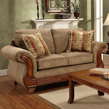 Traditional Loveseat with Rolled Exposed Wood Arms